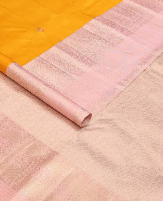 Mango yellow meena buttas silk saree, contrast traditional zari border and pallu of zari rich jaal designs