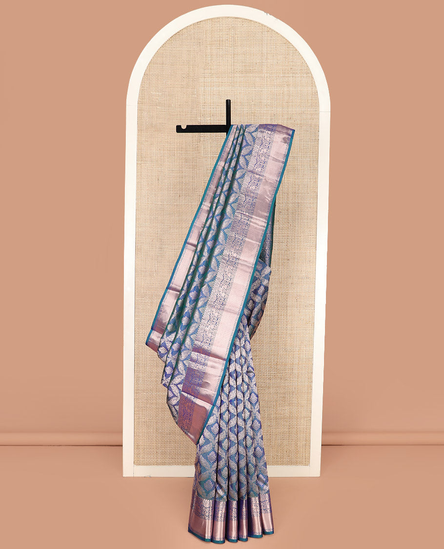 Blue Kanchipuram Wedding Silk Saree Graced with Ogee Jacquard Design, Complemented by Zari Border Featuring Thilakam Mokku, Kamalam, Manga, and Mayil Designs, Opulently Detailed Pallu of Annam Charkam Enclosed Checks, and Paired with a Matching Blouse