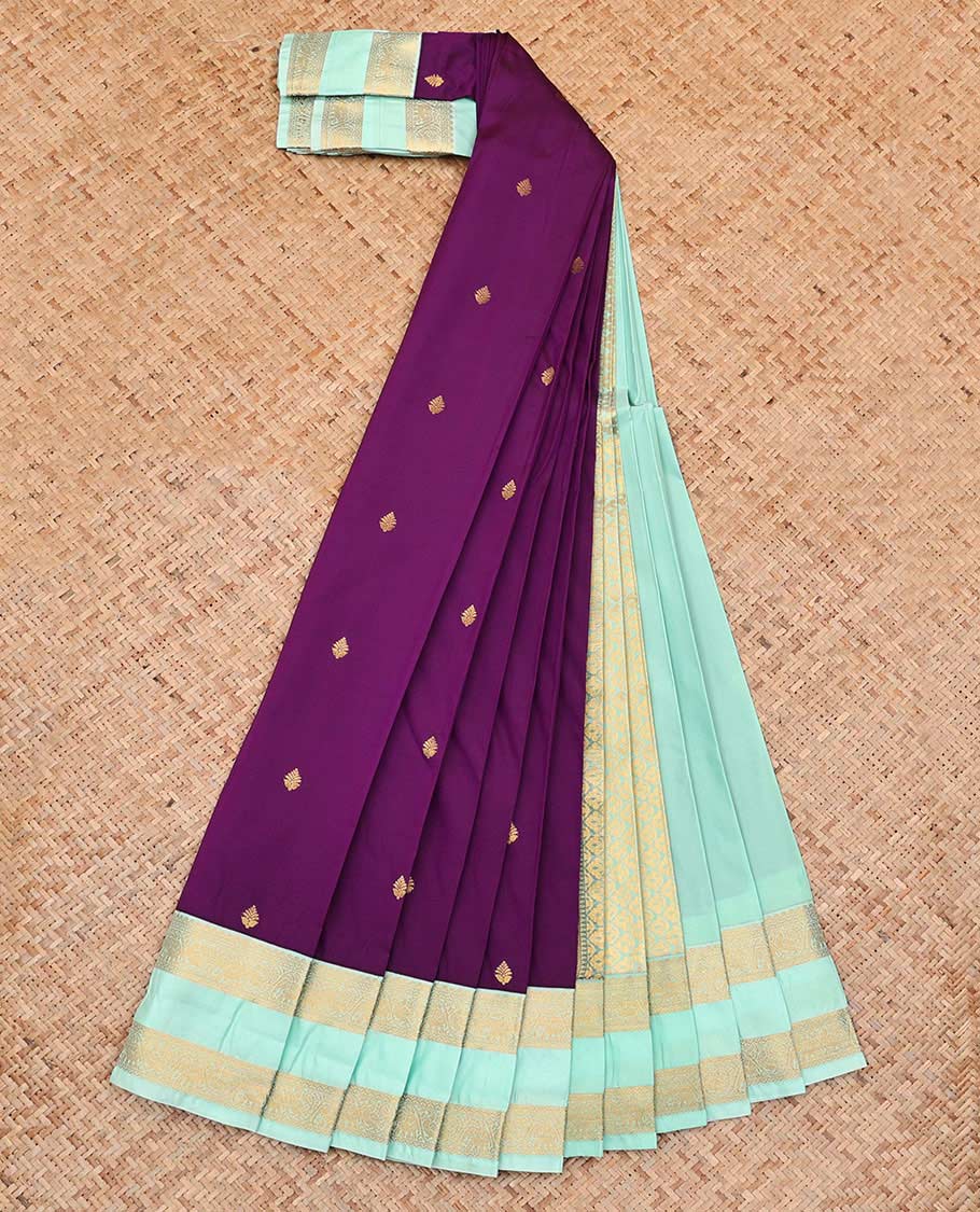 Purple Budget Silk Saree, Spotlighted with Zari Buttas All Over Its Body, Complemented by Contrast Traditional Zari Designs Woven Rettai Pettu Border, Grand Pallu and Paired with a Contrast Blouse