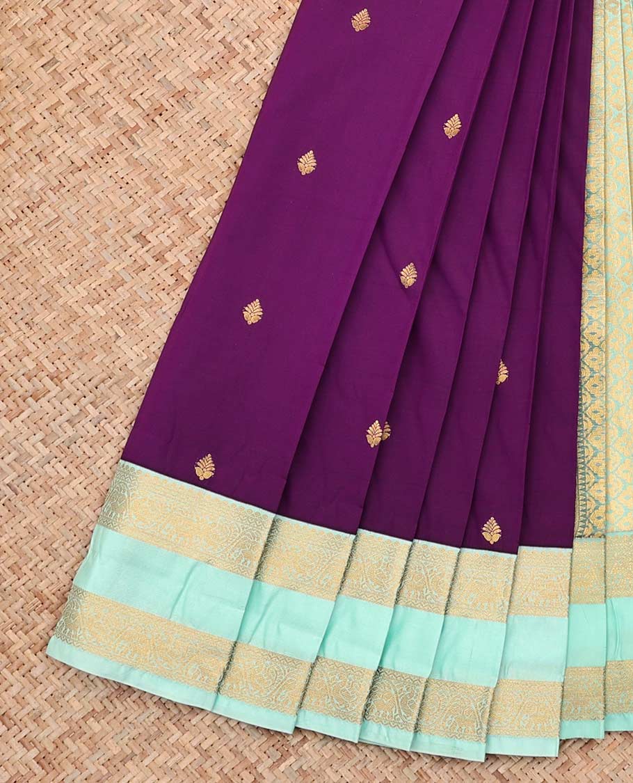 Purple Budget Silk Saree, Spotlighted with Zari Buttas All Over Its Body, Complemented by Contrast Traditional Zari Designs Woven Rettai Pettu Border, Grand Pallu and Paired with a Contrast Blouse