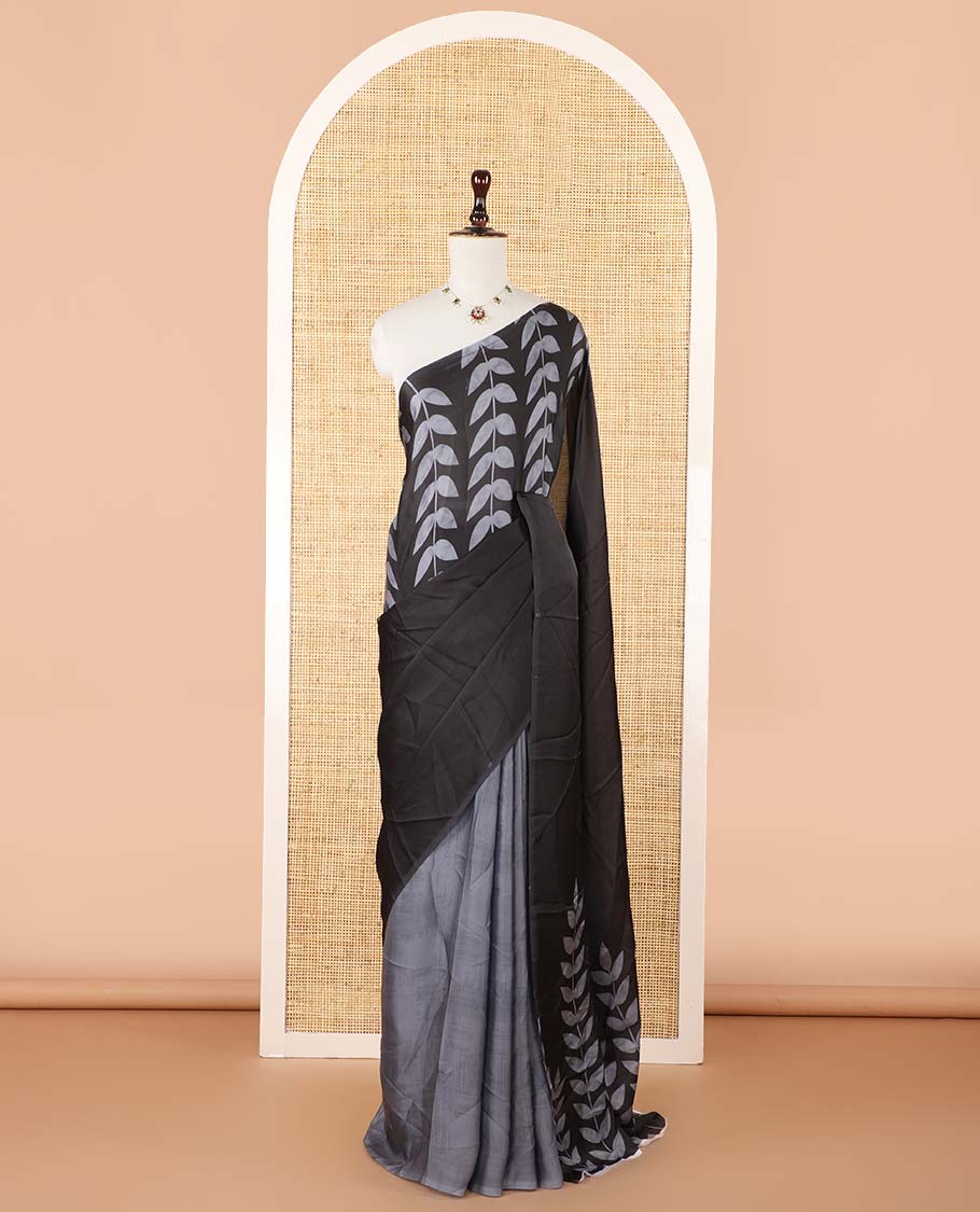 Borderless black half-half style crepe silk saree printed with grey color leaf vine design, leaf motifs printed blouse