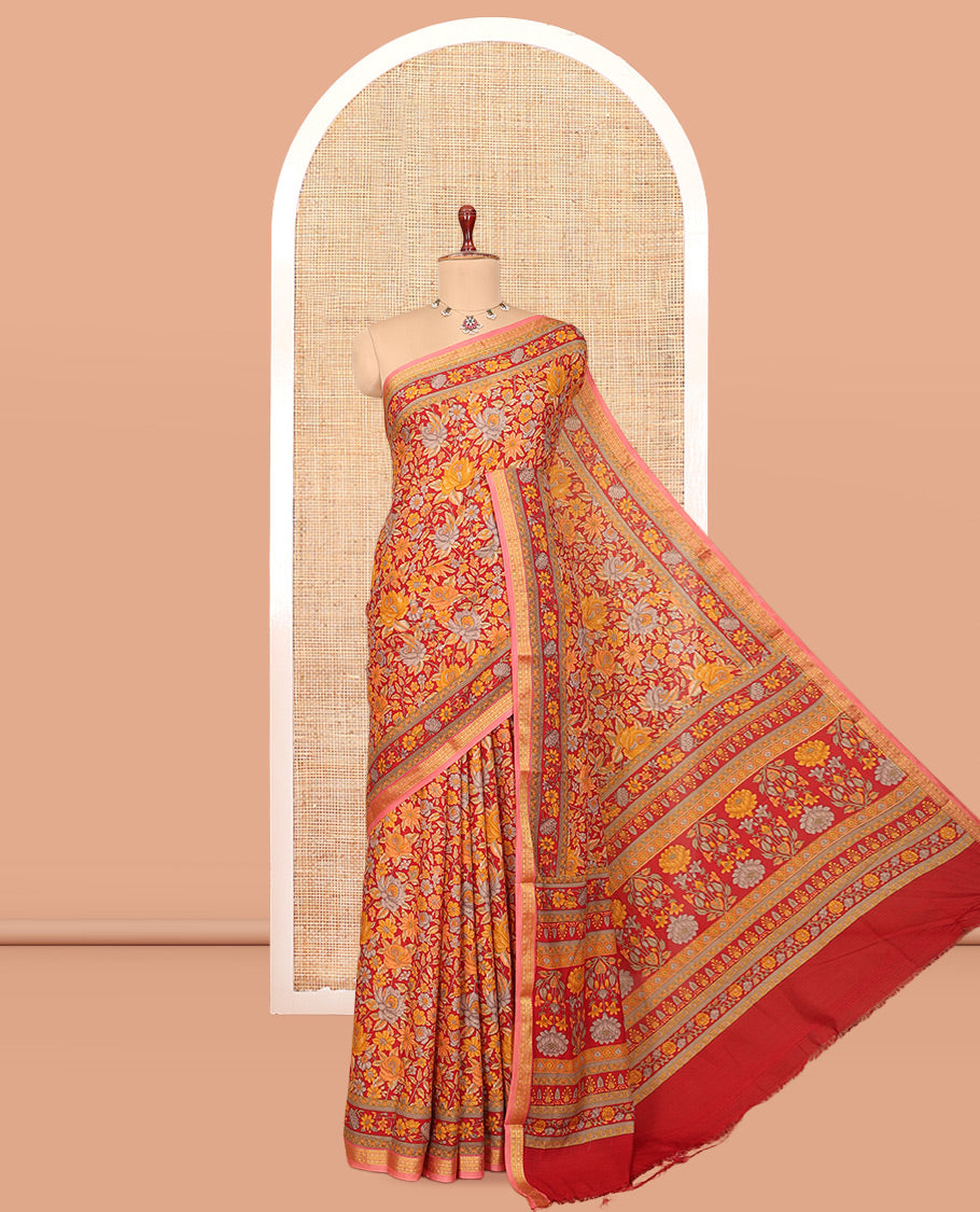 Red Printed Silk Saree, Ornamented with Floral Vine Print, a Contrast Traditional Zari Border, Floral Pallu, and a Matching Blouse