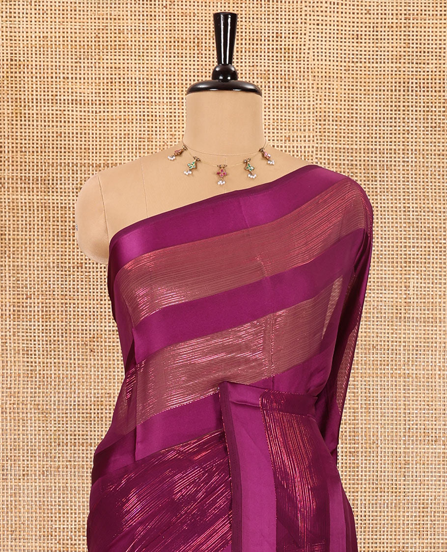 Borderless purple horizontal satin thick striped shimmer georgette saree with a matching plain blouse