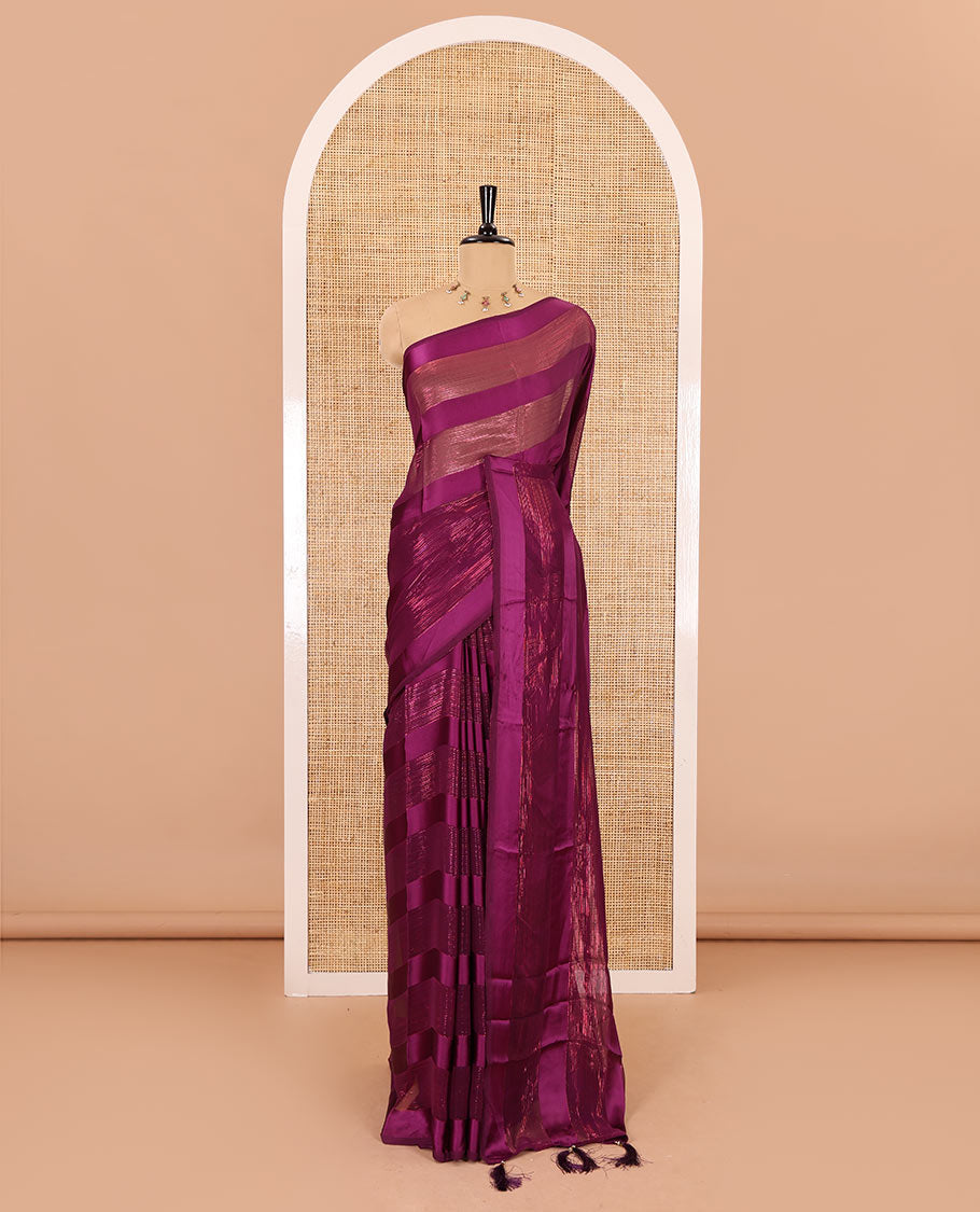 Borderless purple horizontal satin thick striped shimmer georgette saree with a matching plain blouse