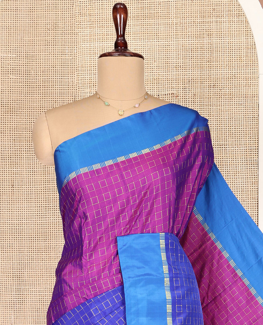 Blue and Purple Aarani Gift Saree, Bedecked with Square Buttas on Its Body, Complemented by a Contrast Border, a Pallu of Stripes, and Paired with a Contrast Blouse