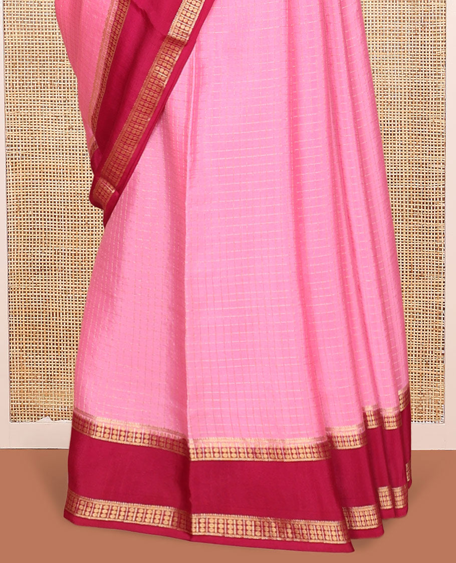 Pink Mysore Silk Saree, Highlighted by Zari Checked Design On Its Body, Complemented by Captivating Contrast Traditional Zari Design Border, Gleaming Zari Striped Pallu, and Paired with a Contrast Blouse
