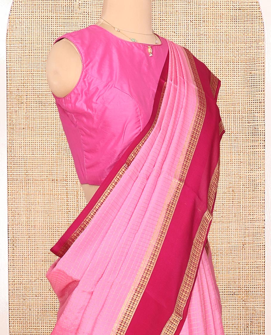 Pink Mysore Silk Saree, Highlighted by Zari Checked Design On Its Body, Complemented by Captivating Contrast Traditional Zari Design Border, Gleaming Zari Striped Pallu, and Paired with a Contrast Blouse