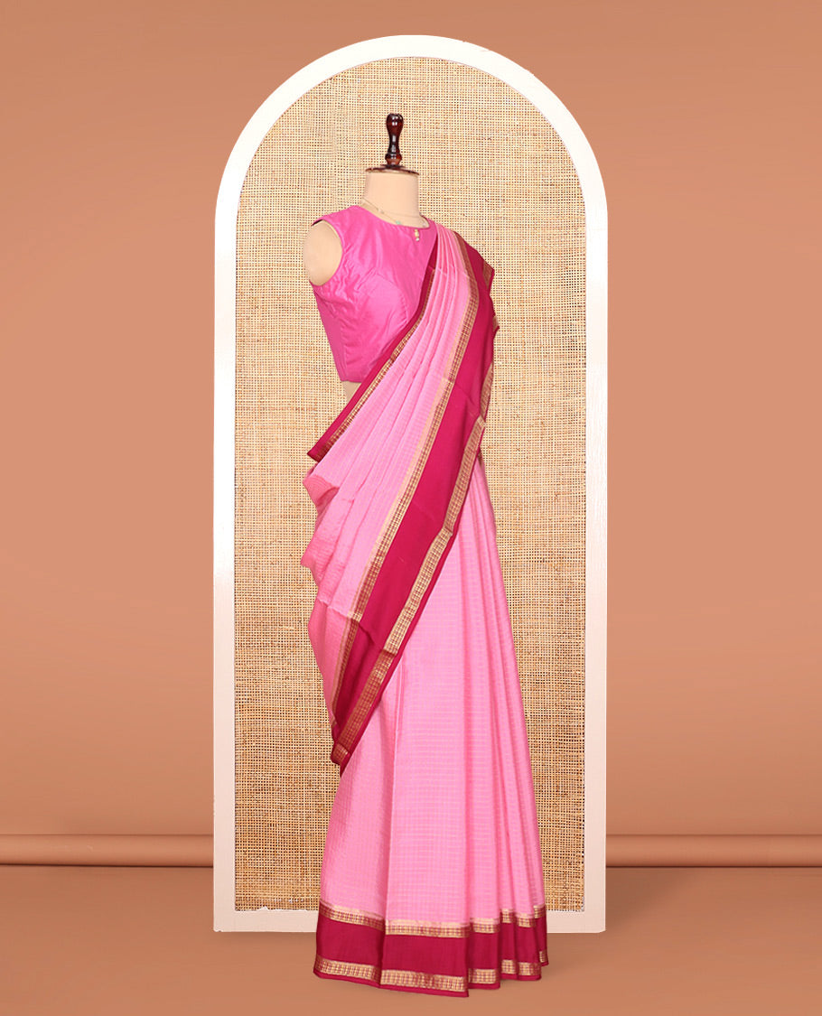 Pink Mysore Silk Saree, Highlighted by Zari Checked Design On Its Body, Complemented by Captivating Contrast Traditional Zari Design Border, Gleaming Zari Striped Pallu, and Paired with a Contrast Blouse