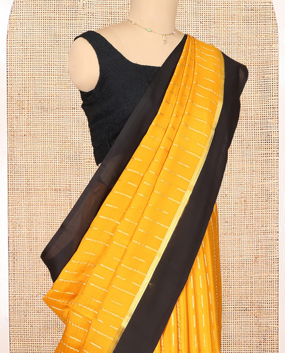 Yellow Mysore Silk Saree, Gracefully Embellished with Zari Stripes, Complemented by a Contrast Zari Border, Traditional Design Pallu, and a Contrast Blouse