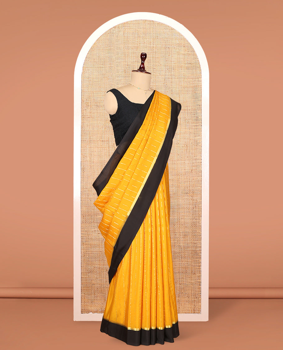 Yellow Mysore Silk Saree, Gracefully Embellished with Zari Stripes, Complemented by a Contrast Zari Border, Traditional Design Pallu, and a Contrast Blouse