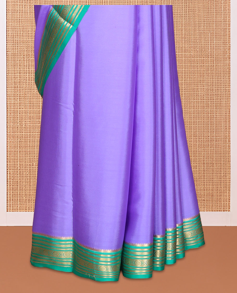 Lavender Plain Mysore Silk Saree, Complemented by a Contrast Traditional Zari Border, Zari Striped Pallu, and a Contrast Blouse
