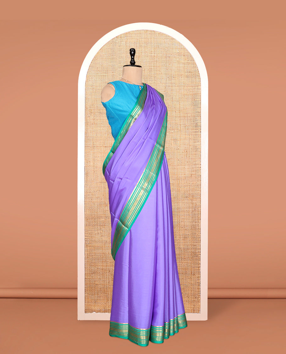 Lavender Plain Mysore Silk Saree, Complemented by a Contrast Traditional Zari Border, Zari Striped Pallu, and a Contrast Blouse