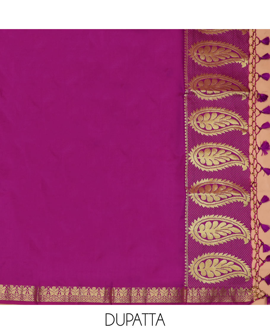 Green Art Silk Half-Saree Richly Detailed with Jacquard Designs on Its Skirt, Complemented by a Contrast Meenakari Border, Paired with a Contrast Jacquard Blouse, and Featuring a Dhavani Adorned with Paisley Motifs