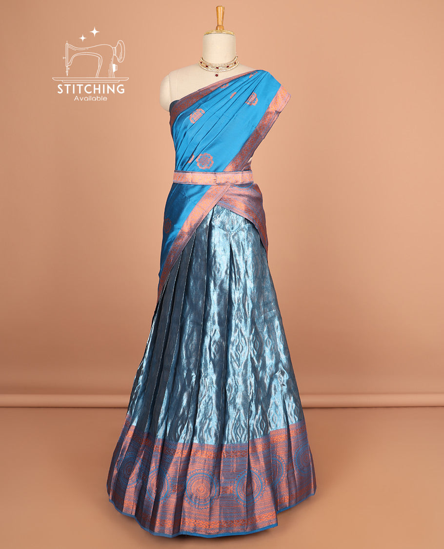 Blue half saree with contrast zari design border, zari design blouse & floral motifs zari design dhavani