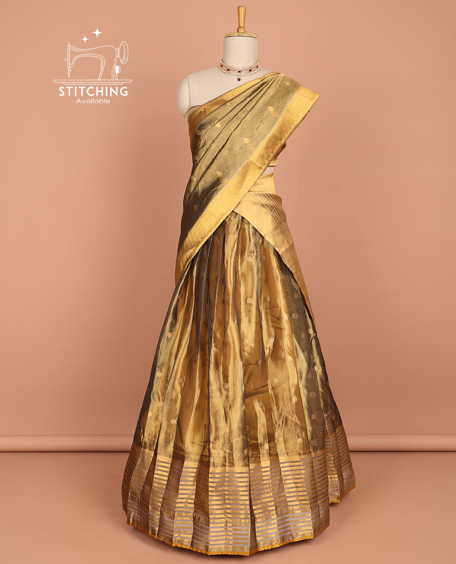 Brown buttas half saree with contrast striped border, zari design blouse & butta , striped zari design dhavani