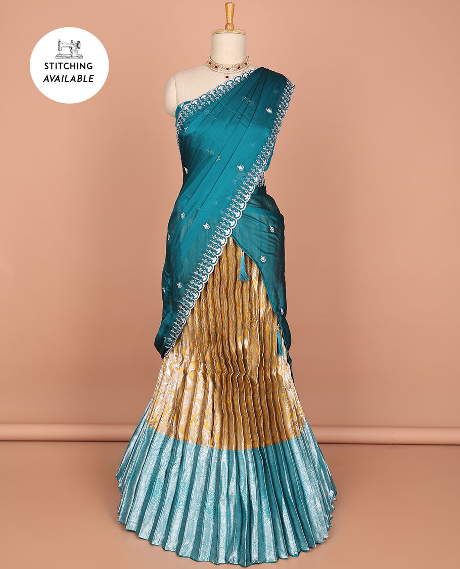 Mustard Foil Printed Saree with Brocade Zari Borders & Paisley motifs