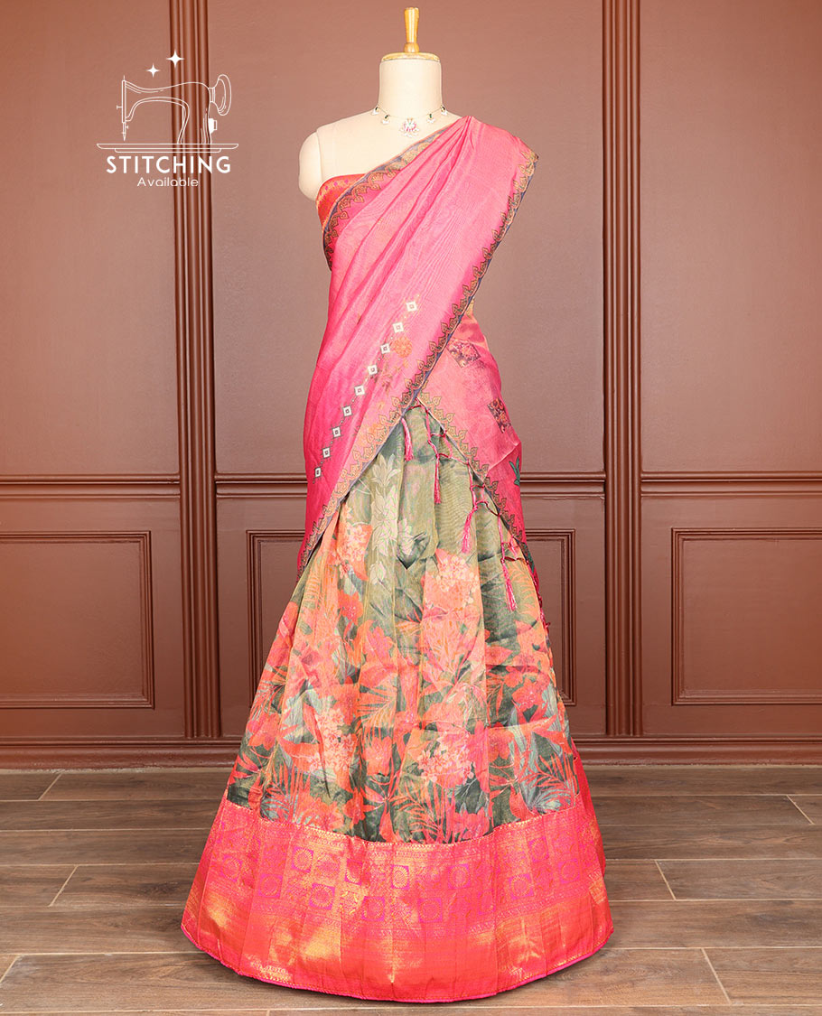 Green floral design half saree with geometric design border, zari design blouse & floral printed design dhavani