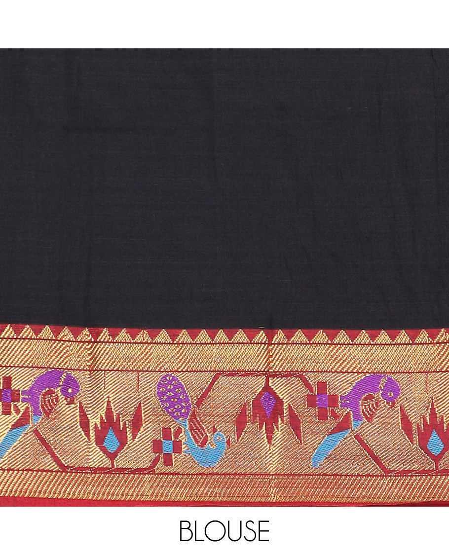 Black cotton half-saree, plain with contrast paithani bordered skirt, matching blouse, and a contrast zari border dhavani