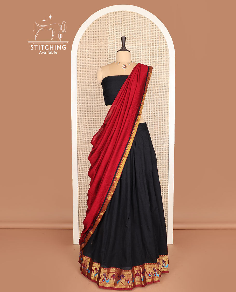 Black cotton half-saree, plain with contrast paithani bordered skirt, matching blouse, and a contrast zari border dhavani