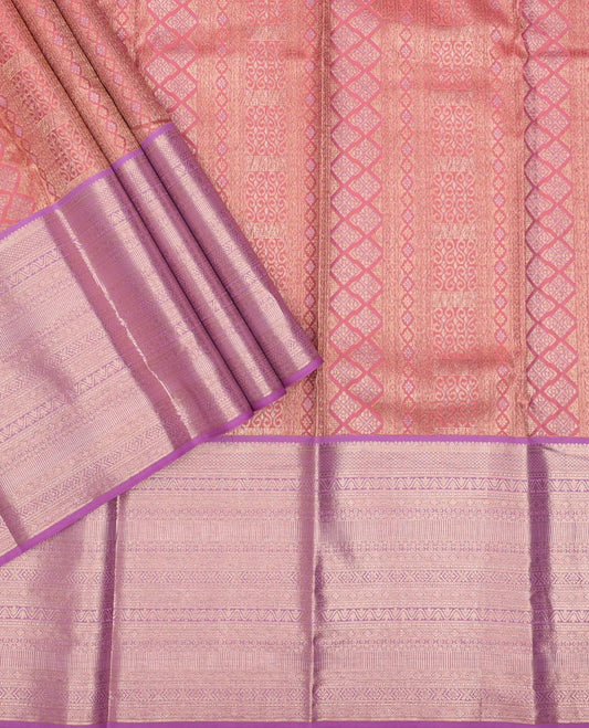 Pink jacquard pure-mix halfsaree,contrast zari design dhavani & border of muthu,kuyil kann,neli kathir,kamalam leaf,diamond