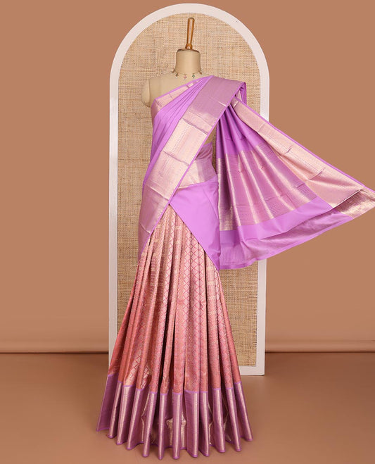 Pink jacquard pure-mix halfsaree,contrast zari design dhavani & border of muthu,kuyil kann,neli kathir,kamalam leaf,diamond