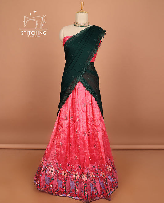Pink floral embroidery half saree with self-border , embroidery blouse & floral design scallop border