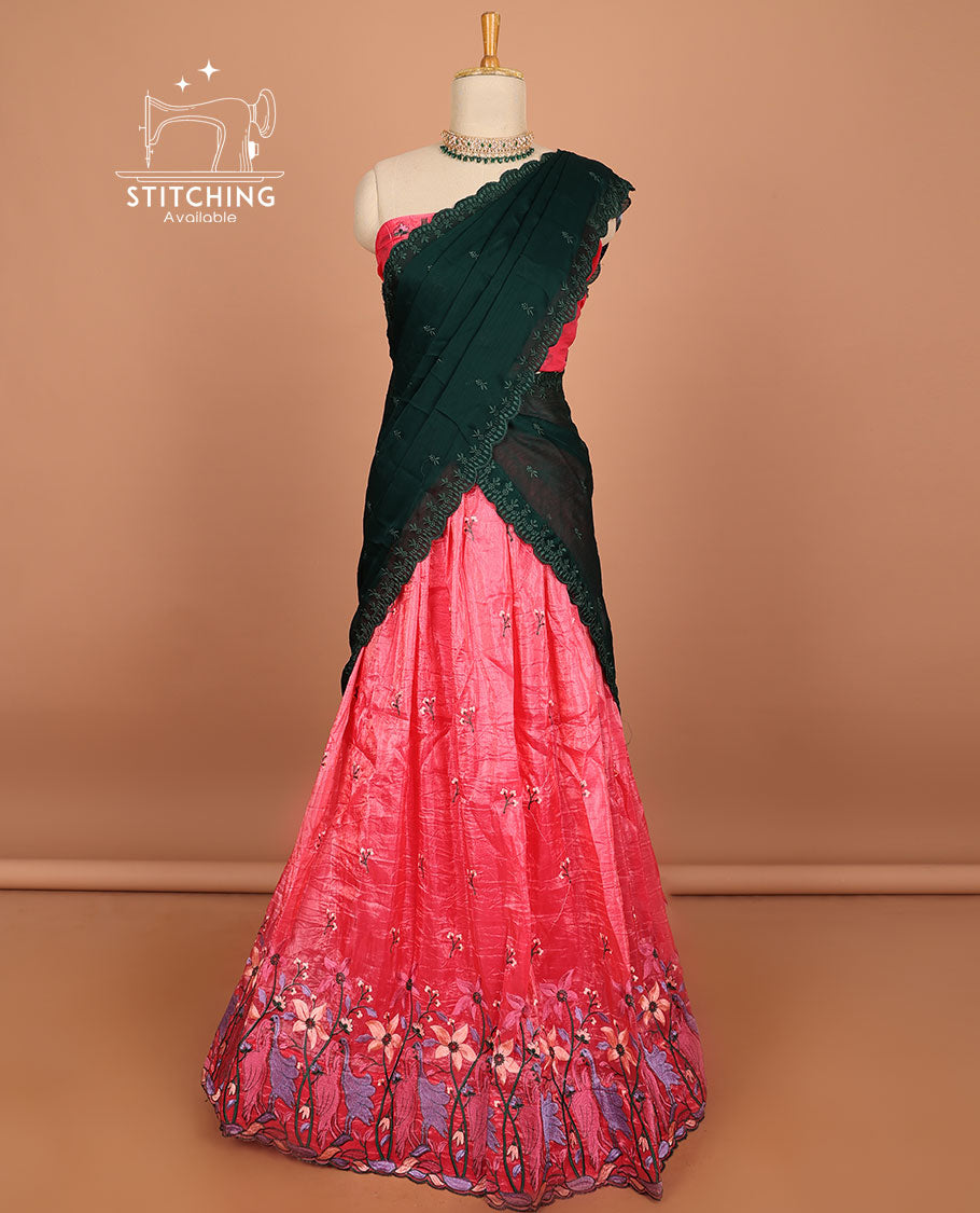 Pink floral embroidery half saree with self-border , embroidery blouse & floral design scallop border