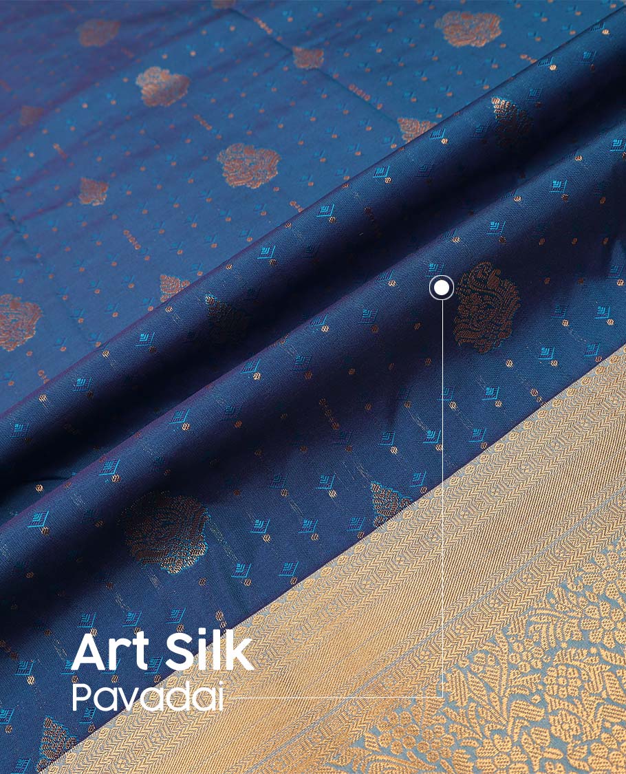 Blue art silk pavadai material, zari buttas with embossed contrast traditional zari border skirt, and contrast blouse
