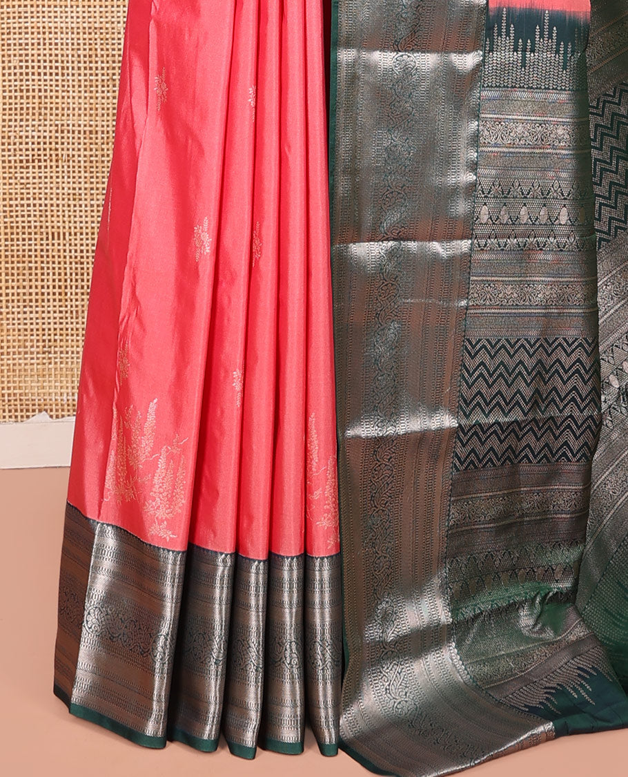 Pink Budget Silk Saree, Woven with Zari Buttas on Its Body, Complemented by a Contrast Traditional Zari Design Border, Intricately Designed Pallu, and Paired with a Contrast Blouse