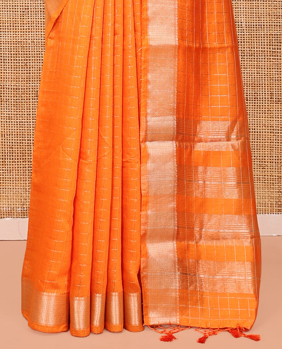 Orange Assam Silk Saree, Subtly Enriched with Zari Checks, Highlighted by a Traditional Zari Border, Striped Pallu, and a Matching Blouse