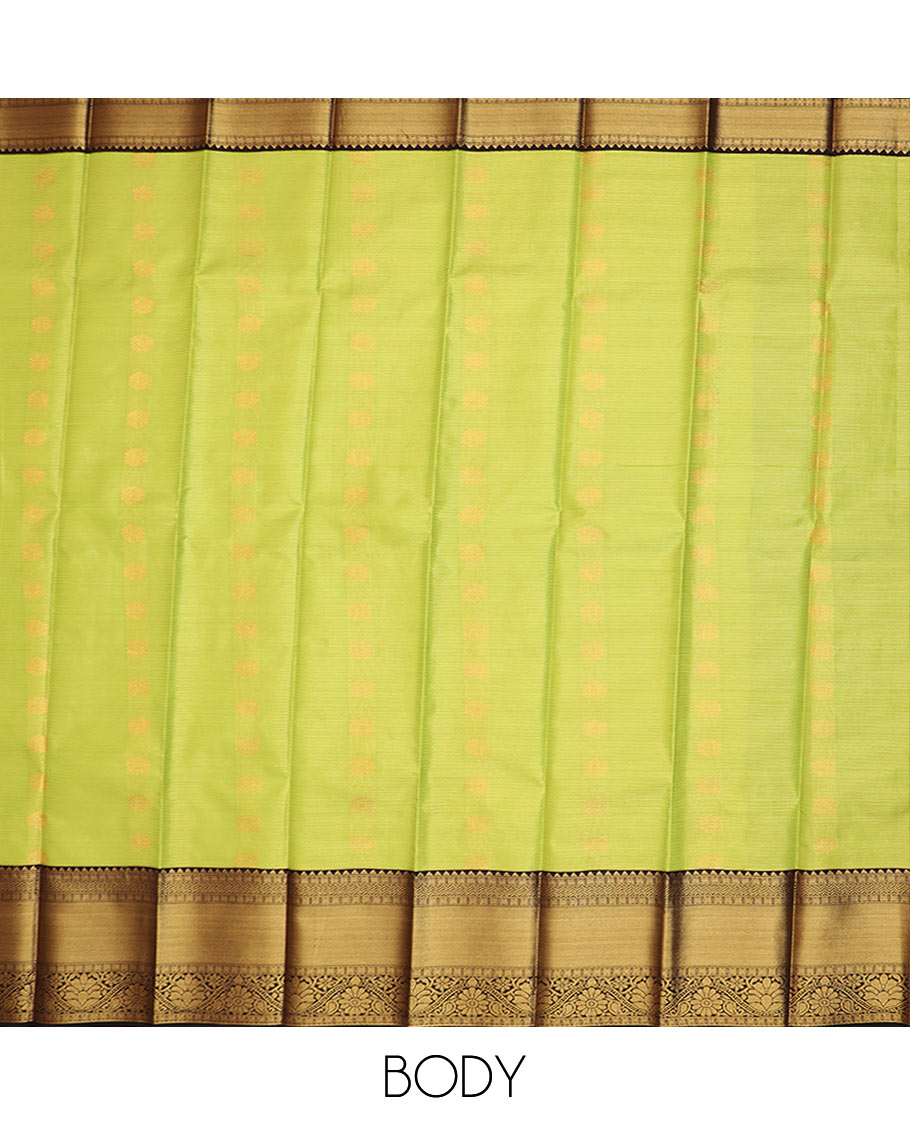 Green zari stripes and buttas budget silk saree, contrast traditional zari border, and geometric patterned pallu