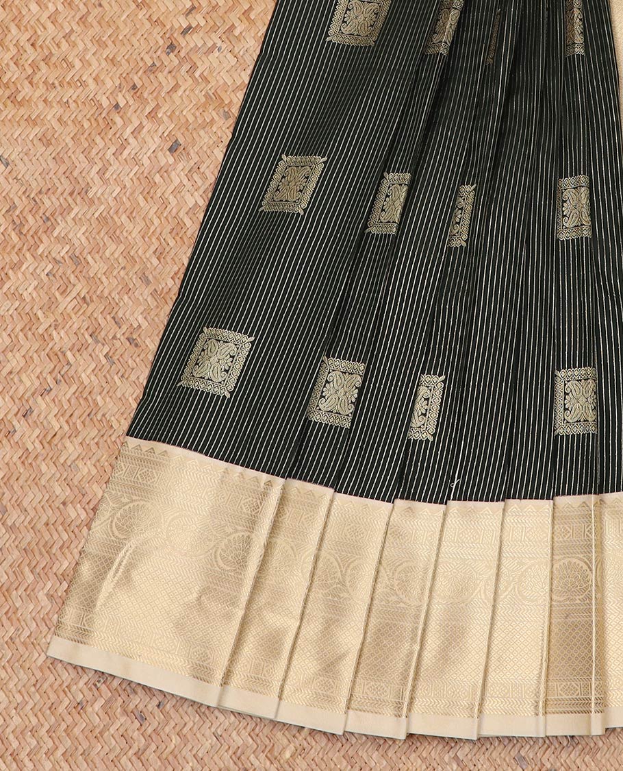 Black zari buttas gift saree, contrast traditional zari design border, and jaal pallu