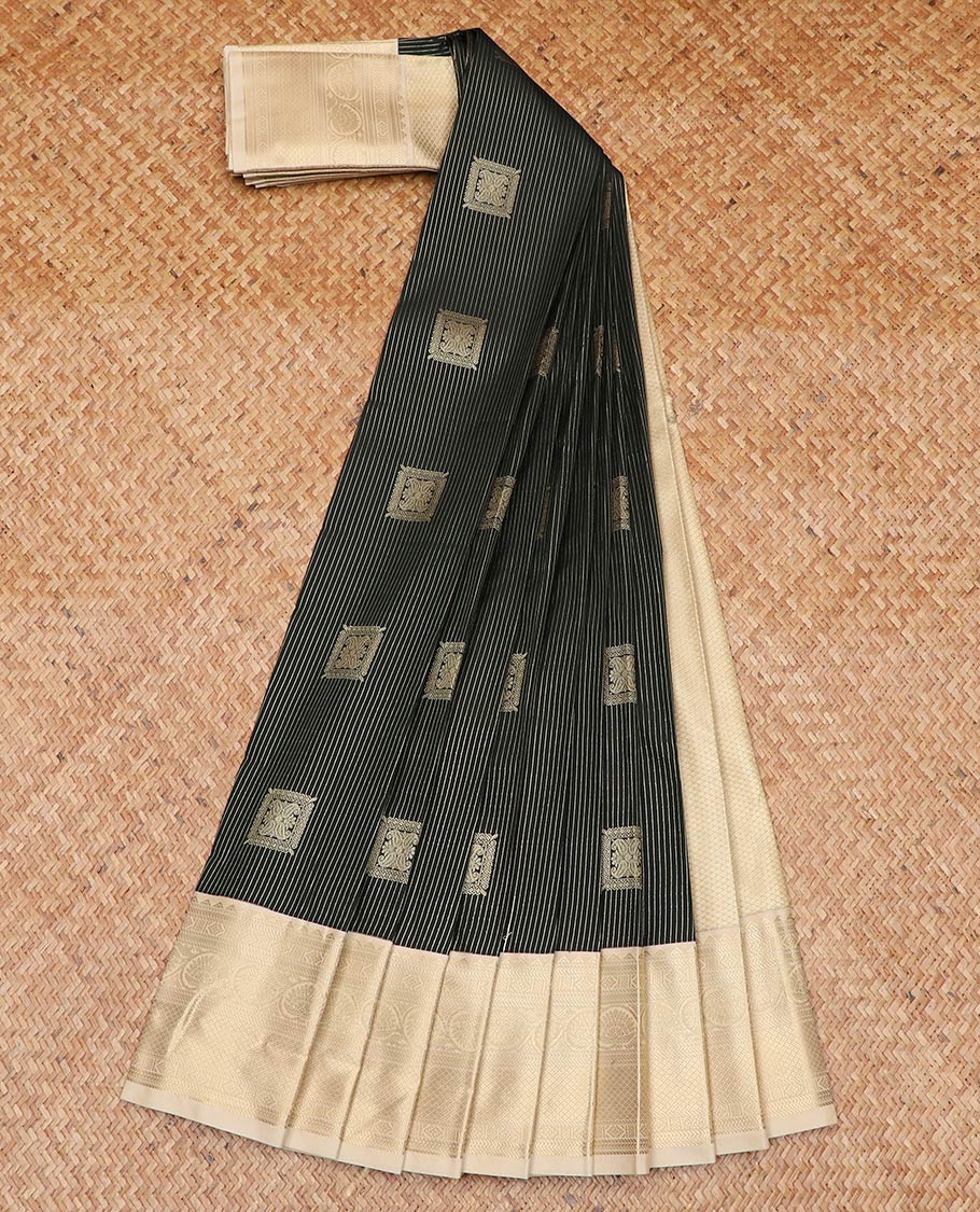 Black zari buttas gift saree, contrast traditional zari design border, and jaal pallu
