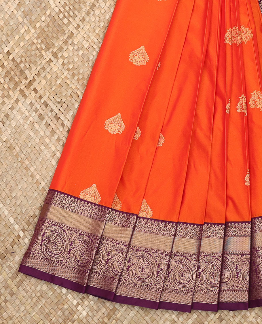 Orange Budget Silk Saree Spotlighted with Zari Buttas, Decked by a Contrast Traditional Zari Design Border, Pallu Elevated with Jaal Design, and Paired with a Contrast Blouse