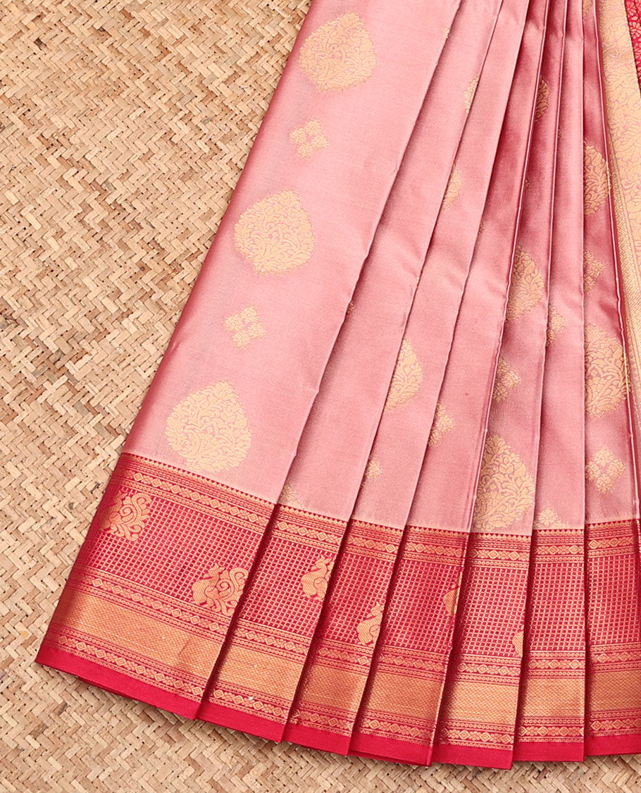 Pink Budget Silk Saree, Accentuated with Zari Buttas All Over Its Body, Complemented by a Contrast Traditional Zari Border, Grand Jaal Pallu, and Paired with a Contrast Blouse
