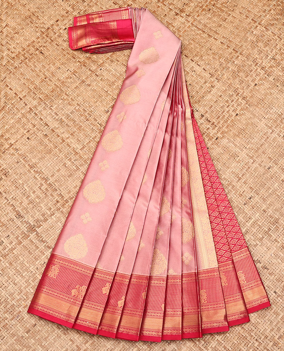 Pink Budget Silk Saree, Accentuated with Zari Buttas All Over Its Body, Complemented by a Contrast Traditional Zari Border, Grand Jaal Pallu, and Paired with a Contrast Blouse
