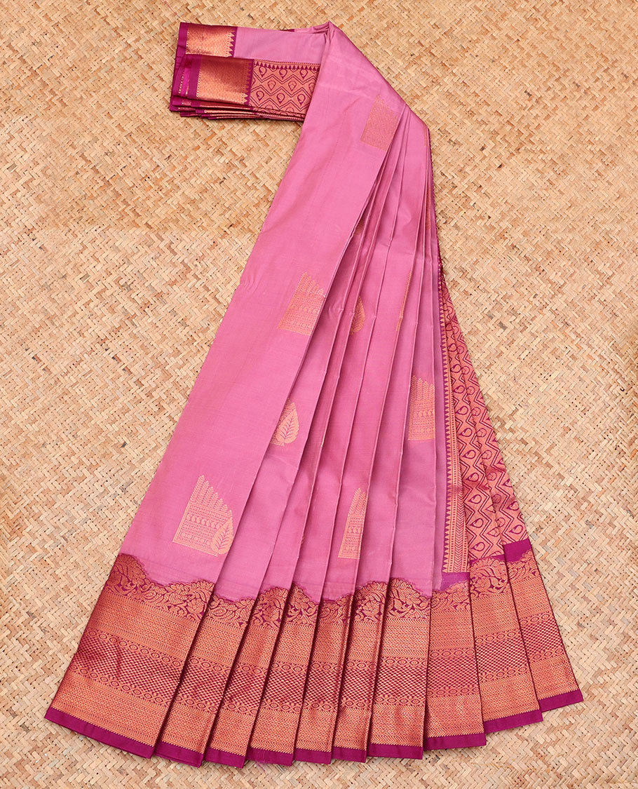 Pink Budget Silk Saree, Adorned with Zari Buttas on Its Body, Complemented by a Contrast Traditional Zari Design Border, Pallu of Chevron and Paisley Design, and Paired with a Contrast Blouse