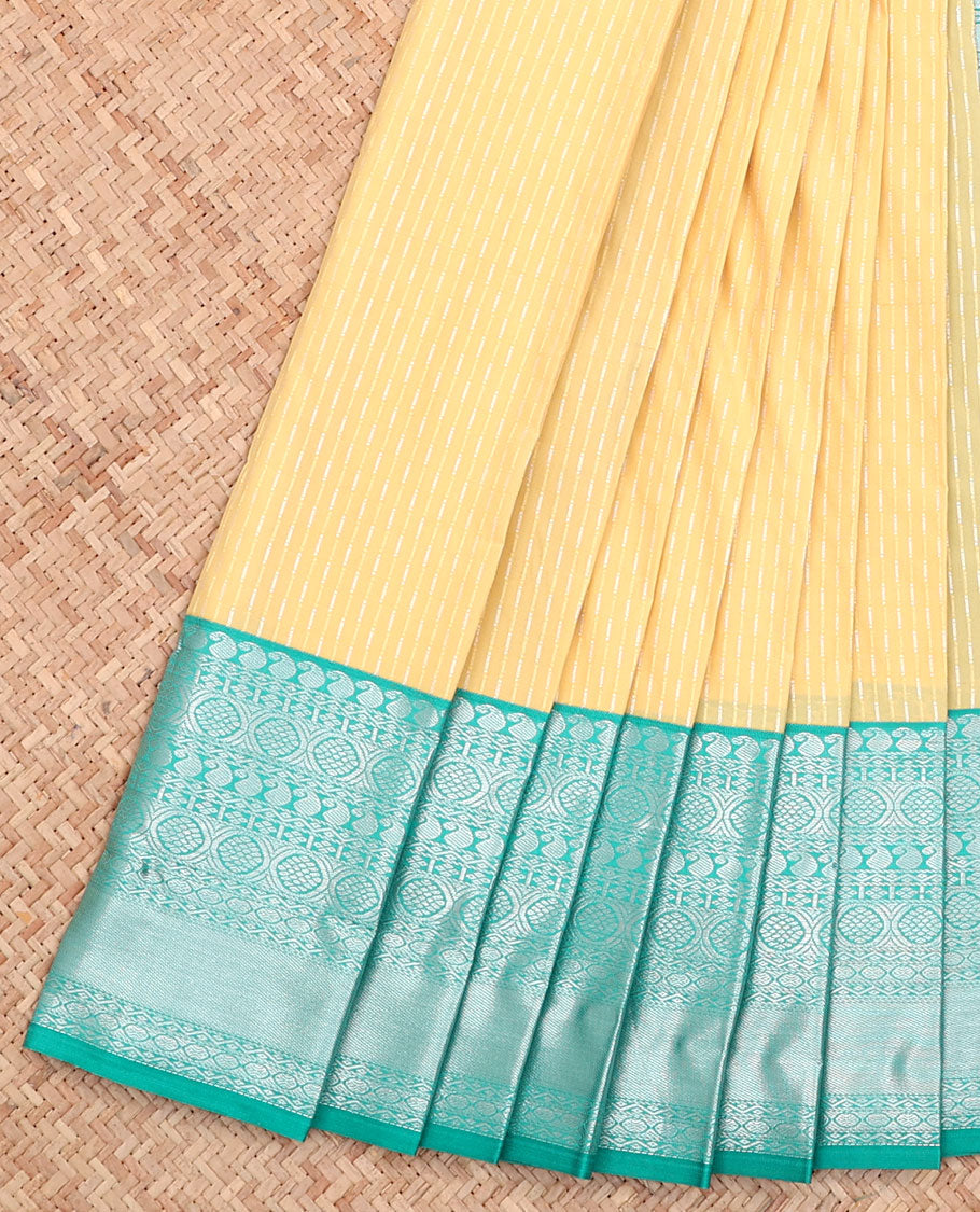 Yellow Budget Silk Saree, Gleamed Up with Zari Stripes All Over Its Body, Complemented by a Contrast Traditional Zari Design Border, Grand Pallu, and Paired with a Contrast Blouse