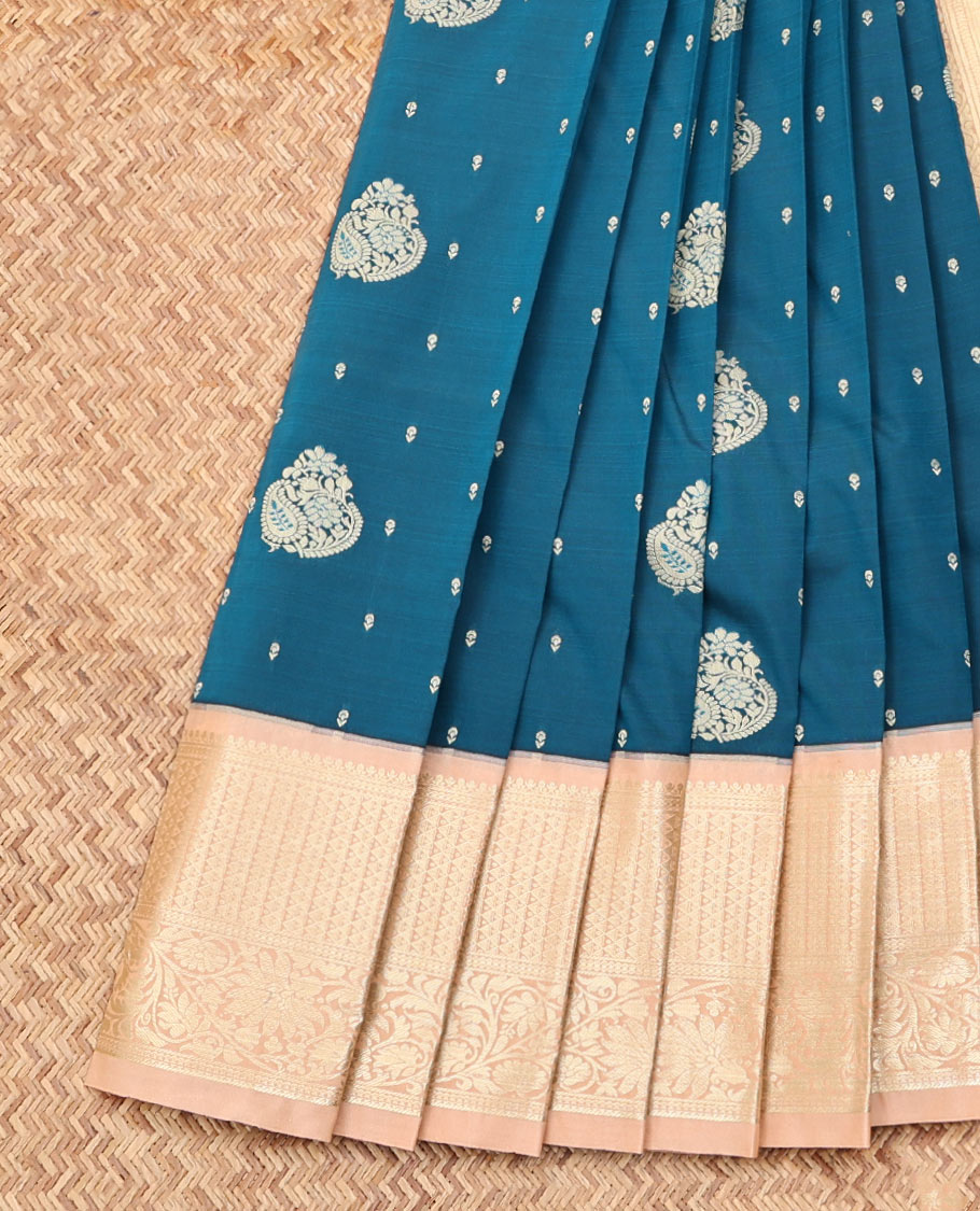 Blue Budget Silk Saree, Adorned with Zari Buttas on Its Body, Complemented by a Contrast Traditional Zari Design Border, Grand Paisley Design Pallu, and Paired with a Contrast Blouse