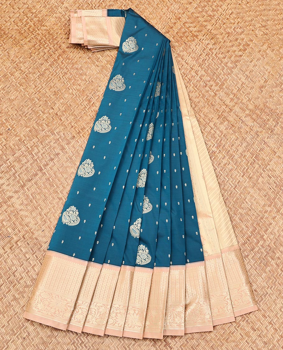 Blue Budget Silk Saree, Adorned with Zari Buttas on Its Body, Complemented by a Contrast Traditional Zari Design Border, Grand Paisley Design Pallu, and Paired with a Contrast Blouse
