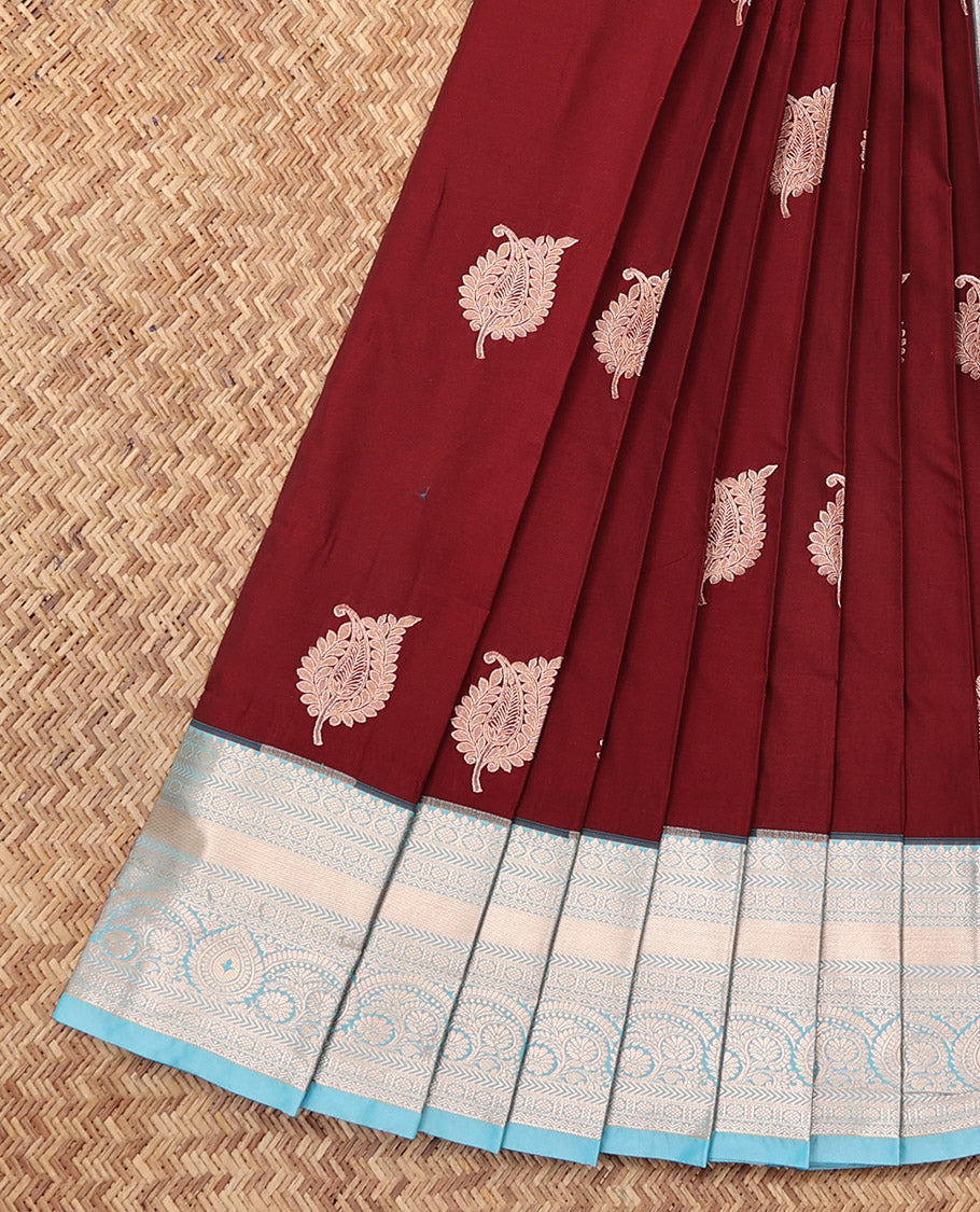 Maroon Budget Silk Saree, Detailed with Zari Buttas, Complemented by a Contrast Traditional Zari Border, Geometric Pallu, and a Contrast Blouse