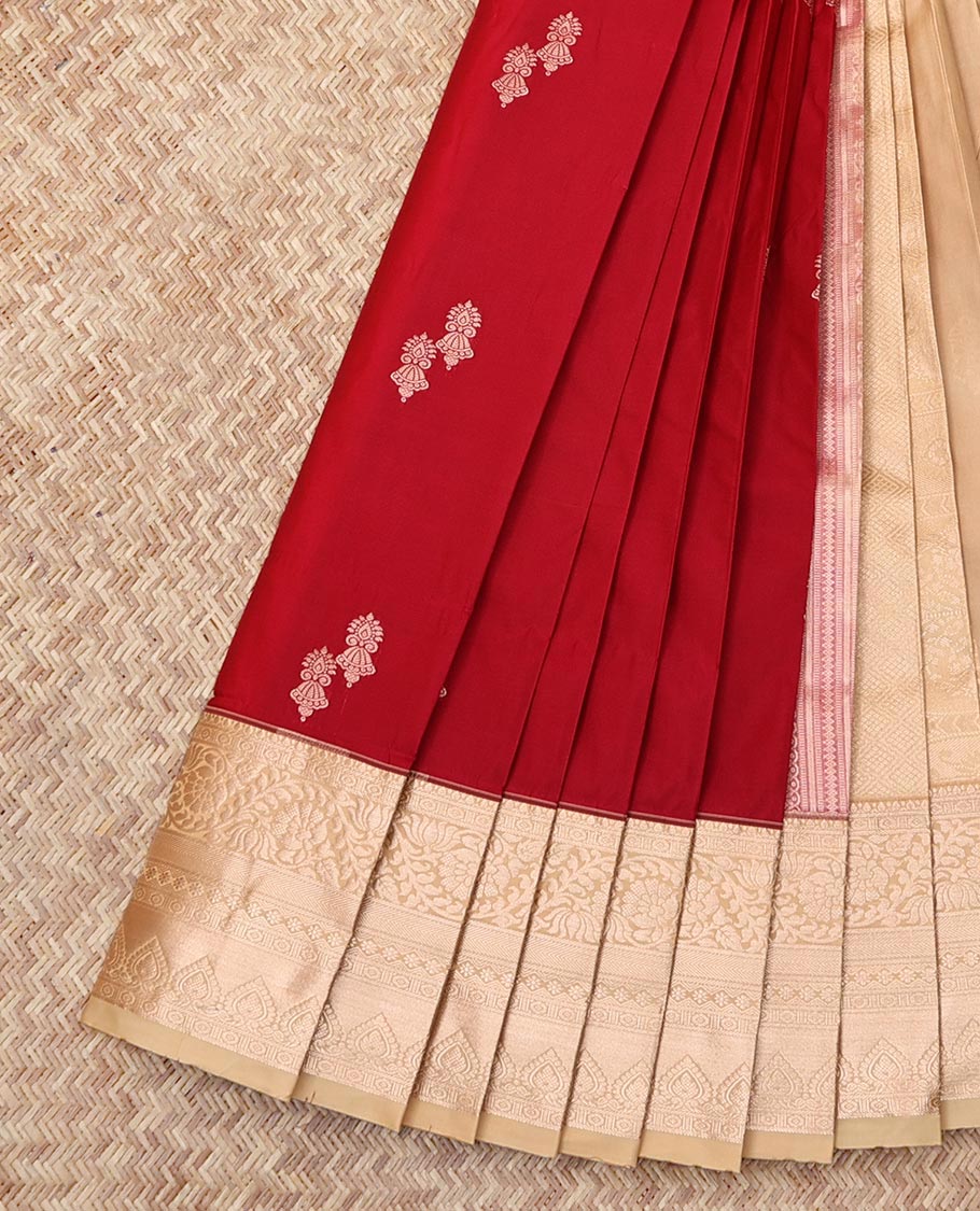 Red Budget Silk Saree, Accentuated with Zari Buttas, Complemented by a Contrast Traditional Zari Border, Grand Pallu, and a Contrast Blouse