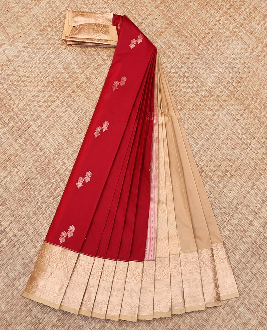 Red Budget Silk Saree, Accentuated with Zari Buttas, Complemented by a Contrast Traditional Zari Border, Grand Pallu, and a Contrast Blouse