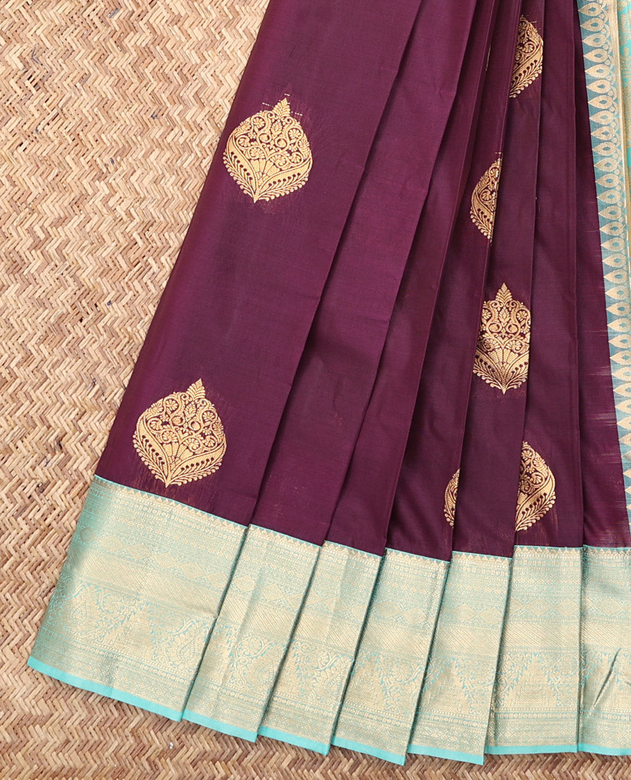 Wine Budget Silk Saree, Embellished with Zari Buttas, Complemented by a Contrast Traditional Zari Border, Intricate Pallu, and a Contrast Blouse