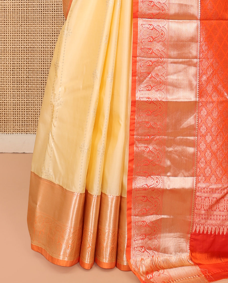 Sandal Budget Silk Saree, Sparsely Threaded with Zari Designs, Complemented by a Contrast Traditional Zari Border, Pallu of Jaal Design, and Contrast Blouse