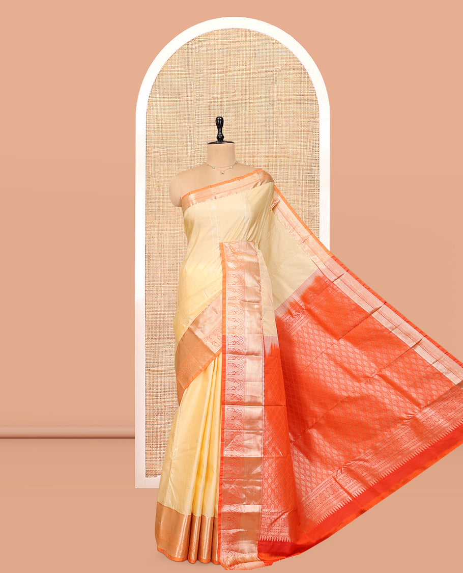 Sandal Budget Silk Saree, Sparsely Threaded with Zari Designs, Complemented by a Contrast Traditional Zari Border, Pallu of Jaal Design, and Contrast Blouse