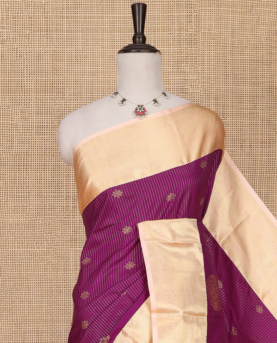 Purple Budget Silk Saree, Detailed with Zari Buttas, Stripes and Paisleys on Its Body, Complemented by a Contrast Traditional Zari Design Border, Opulently Embellished Pallu, and Paired with a Contrast Blouse