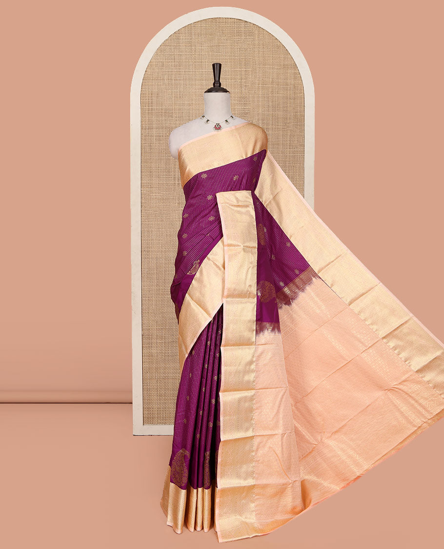 Purple Budget Silk Saree, Detailed with Zari Buttas, Stripes and Paisleys on Its Body, Complemented by a Contrast Traditional Zari Design Border, Opulently Embellished Pallu, and Paired with a Contrast Blouse