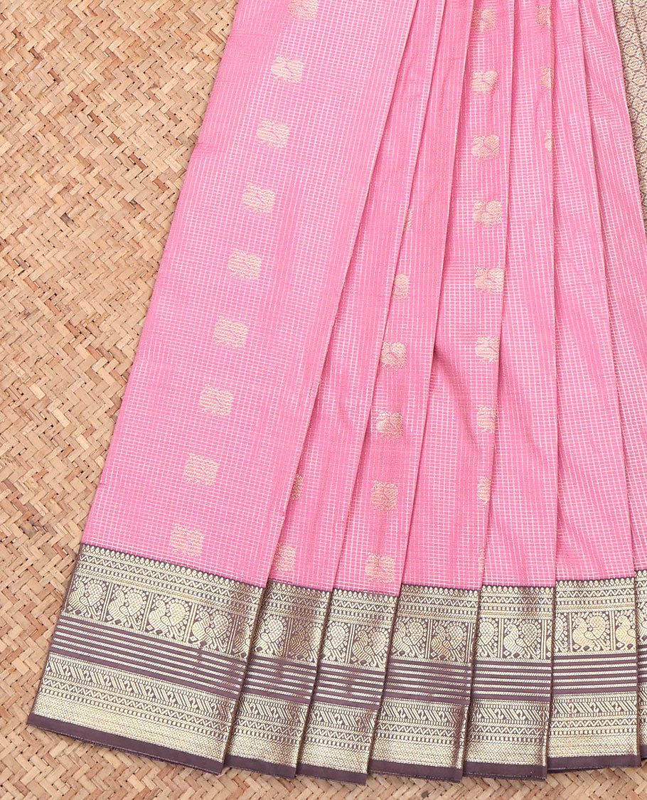Pink Budget Silk Saree, Subtly Sparkled with Peacock Buttas and Zari Checks All Over Its Body, Complemented by a Contrast Traditional Zari Design Border, Pallu of Jaal Design, and Paired with a Contrast Blouse