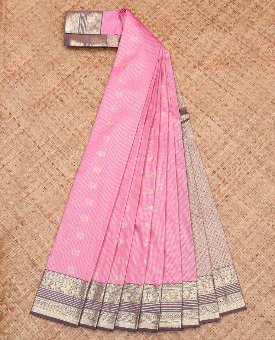 Pink Budget Silk Saree, Subtly Sparkled with Peacock Buttas and Zari Checks All Over Its Body, Complemented by a Contrast Traditional Zari Design Border, Pallu of Jaal Design, and Paired with a Contrast Blouse